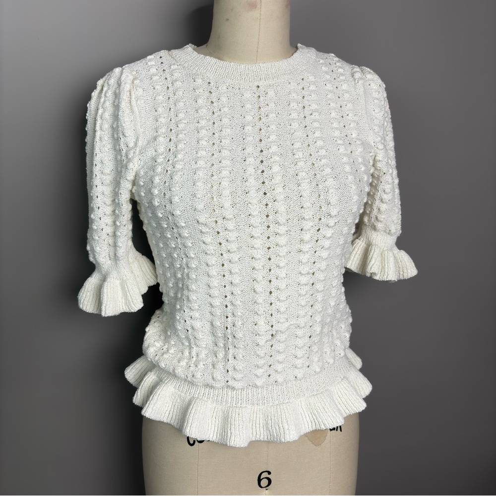 INC White Knit Ruffle Sweater Small